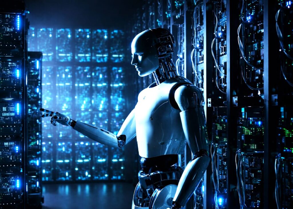 Menneskelig robot i datacenter som illustration af dataenheder og digital information